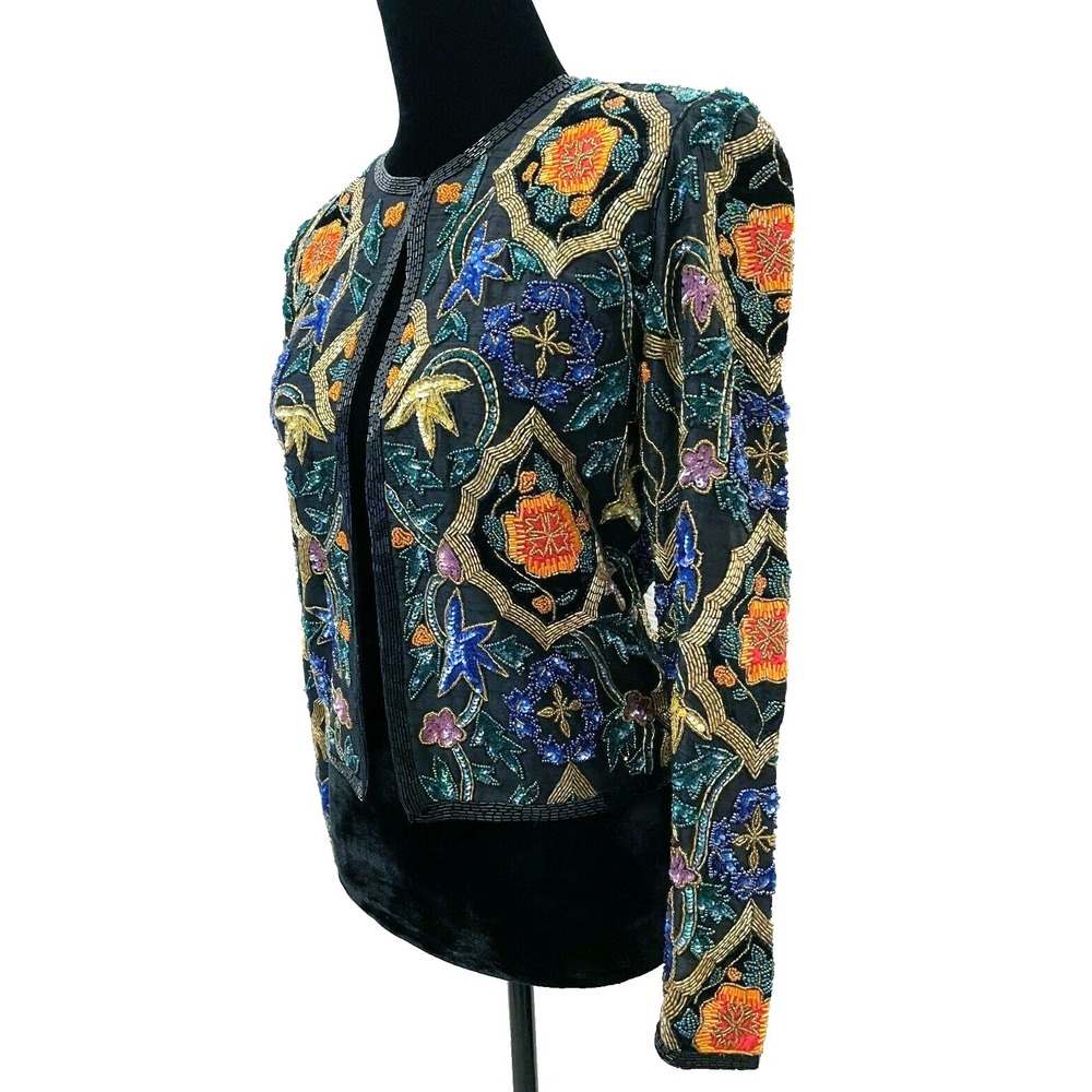 Vintage Cache Womens Open Front Jacket Small Black Silk Ornate Floral Beaded - Picture 5 of 13